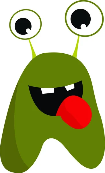 带有红色舌头 两颗牙齿 大眼睛 彩色图画或插图的绿色怪物 — 图库矢量图片