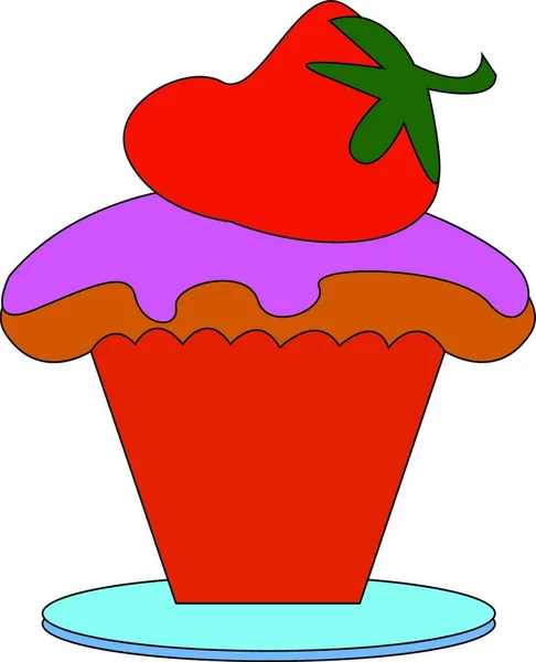 一个小草莓杯蛋糕 顶部有一个大红草莓 彩色绘图或插图 — 图库矢量图片