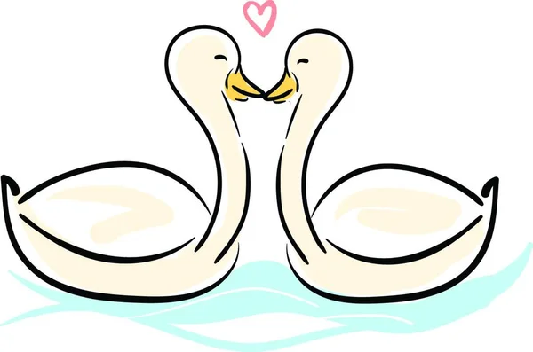 Dos Cisnes Blancos Besándose Agua Vector Dibujo Color Ilustración — Vector de stock