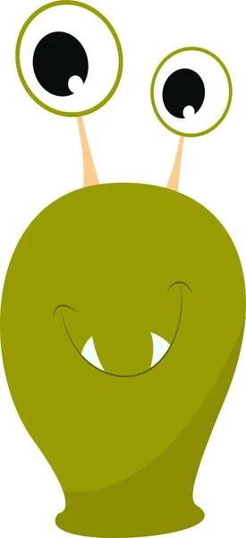 一个绿色的怪物 有两个尖牙和两个天线的眼睛 彩色绘图或插图 — 图库矢量图片