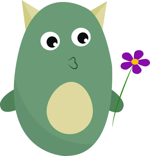 Ett Grönt Monster Med Horn Kysser Till Lila Blomma Vektor — Stock vektor