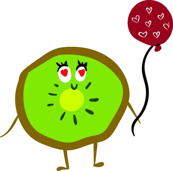 Kiwi Sonriendo Felizmente Sosteniendo Globo Rojo Con Diseño Corazón Vector — Archivo Imágenes Vectoriales