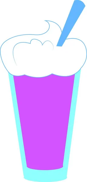 蓝色玻璃杯中的粉红色饮料 顶部有泡沫 彩色绘图或插图内有勺子 — 图库矢量图片