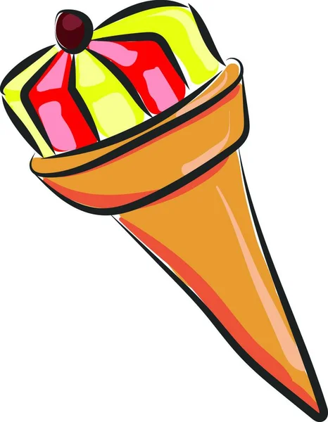 冰淇淋在圆锥与黄色和红色和樱桃的顶部 彩色绘图或插图 — 图库矢量图片