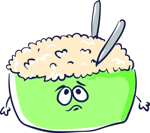 Green Colored Tureen Filled Rice Two Spoons Having Sad Face — Stock Vector