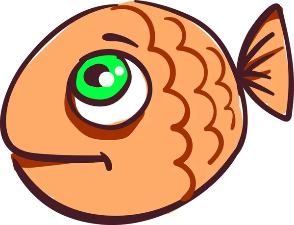 一条小而棕色的圆形鱼 有绿色的眼睛和小尾巴 彩色图画或插图 — 图库矢量图片