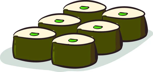 Zes Sushi Met Rijst Groene Groente Vector Kleur Tekening Illustratie — Stockvector