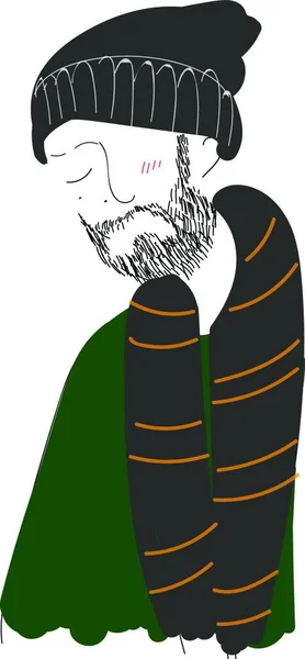 Ein Bärtiger Mann Mit Grauem Hut Grauem Schal Und Grünem — Stockvektor
