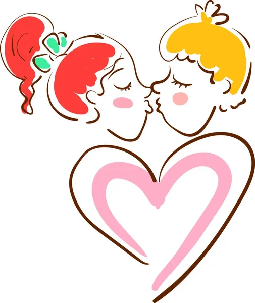 Rödhåriga Flicka Och Gul Haired Pojke Kysser Med Hjärtformad Doodle — Stock vektor