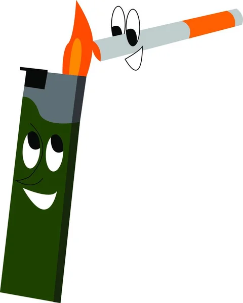 Karikatur Einer Glücklichen Zigarette Und Eines Grünen Feuerzeugs Vektor Farbzeichnung — Stockvektor