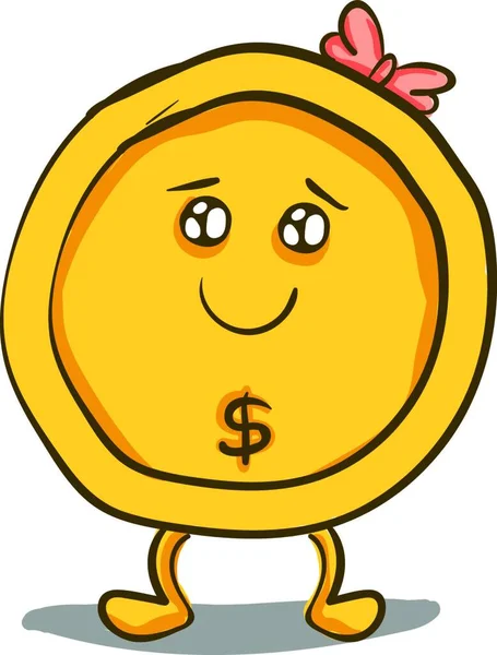 Una Caricatura Una Linda Moneda Oro Chica Con Arco Rosa — Vector de stock