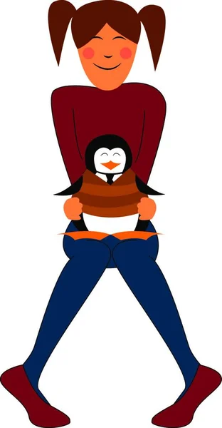 Girl Red Sweater Holding Penguin His Lap Vector Color Drawing — Stock Vector