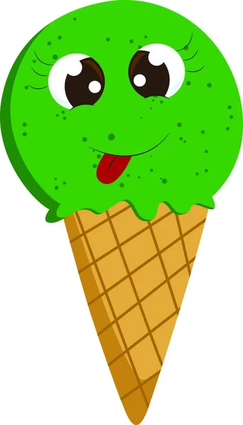 Cartoon Happy Green Ice Cream Cone Cute Eyes Vector Color — Stock Vector
