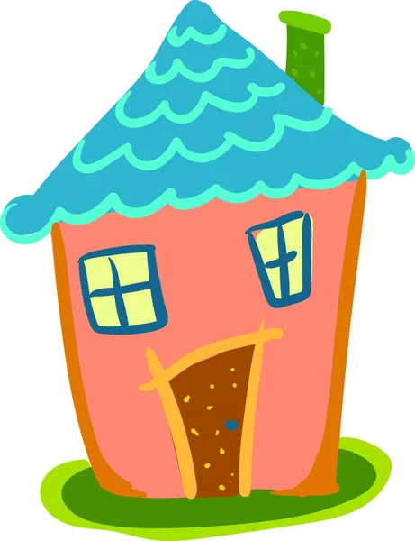 Colorful Little House Blue Roof Green Chimney Vector Color Drawing — Stock Vector