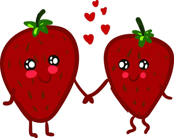 間に赤い心を持つ手を持つ2つの赤いイチゴの漫画 ベクトル カラードローイングやイラスト — ストックベクタ
