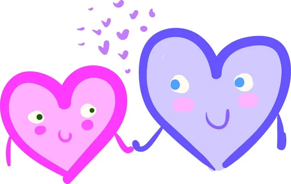 一幅卡通画 一个2个快乐的心手牵手 中间有一颗小小的心 矢量的 彩色的图画或插图 — 图库矢量图片