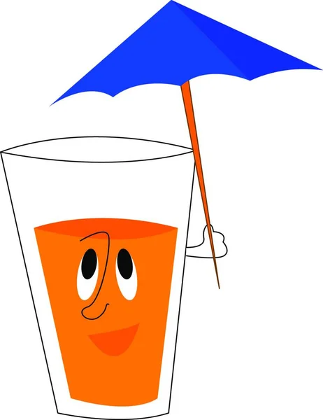 杯与橙汁的卡通 拿着蓝色鸡尾酒伞 彩色绘图或插图 — 图库矢量图片