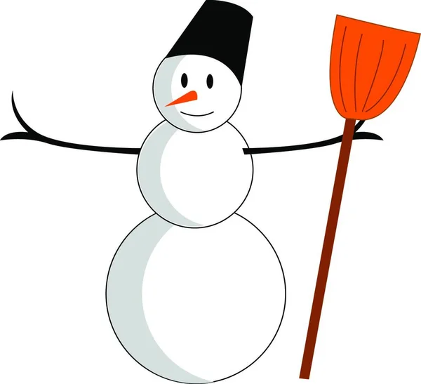 Muñeco Nieve Con Una Escoba Mano Vector Dibujo Color Ilustración — Vector de stock