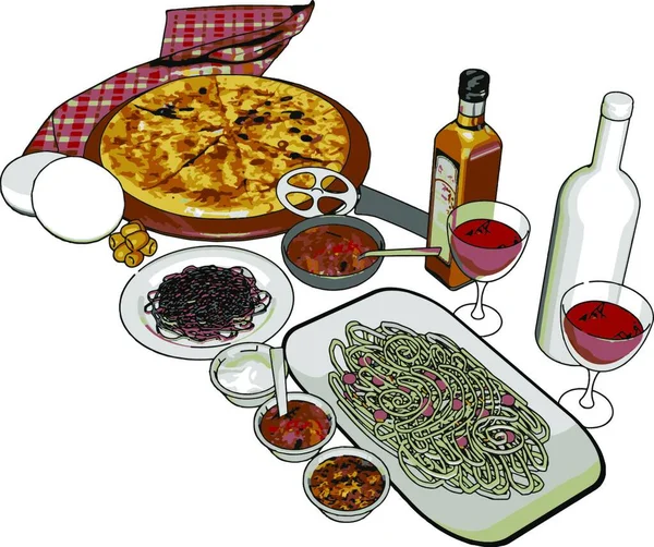 Pizza Dengan Spageti Ilustrasi Vektor Dengan Latar Belakang Putih - Stok Vektor