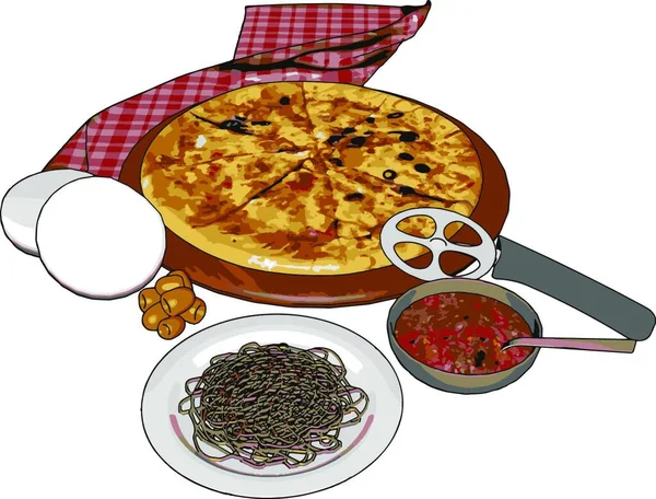 Pizza Špagety Ilustrace Vektor Bílém Pozadí — Stockový vektor