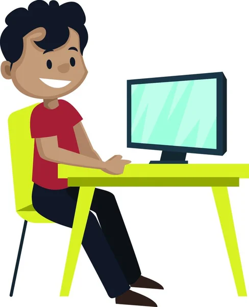 Boy Está Olhando Para Tela Computador Ilustração Vetor Fundo Branco —  Vetores de Stock