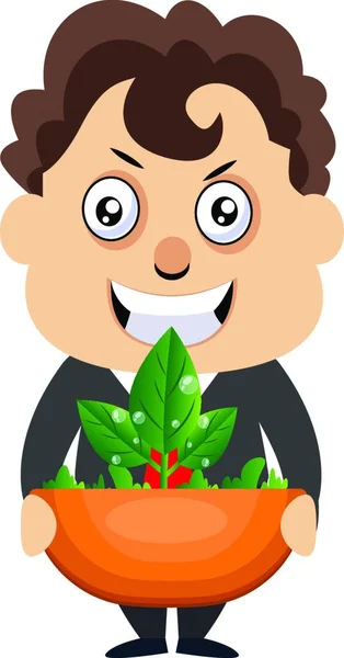 Ember Holding Növény Illusztráció Vektor Fehér Háttérben — Stock Vector