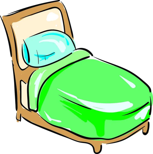 Een Bed Met Een Bruin Frame Een Groene Deken Een — Stockvector