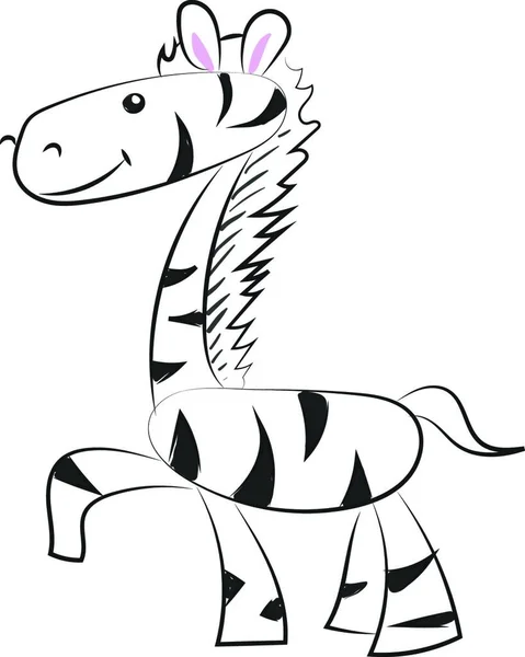 绘制野马的黑白条纹 粉红色的耳朵 短尾巴 和直立的马套隔离在白色背景从侧面 彩色绘图或插图 — 图库矢量图片