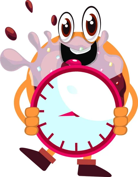 Donut Holding Clock Illustration Vektor Vit Bakgrund — Stock vektor