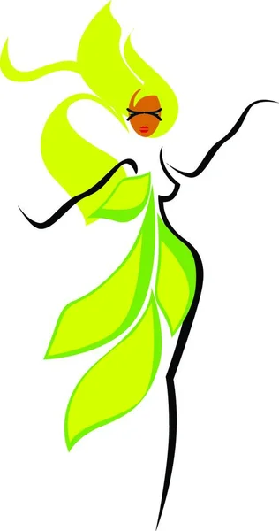 彼女の体のための黒い輪郭を持つ黄色の植物の女の子 長い流れる緑の髪と彼女の体の片側を覆う楕円形の緑の葉 ベクトル カラードローイングやイラスト — ストックベクタ