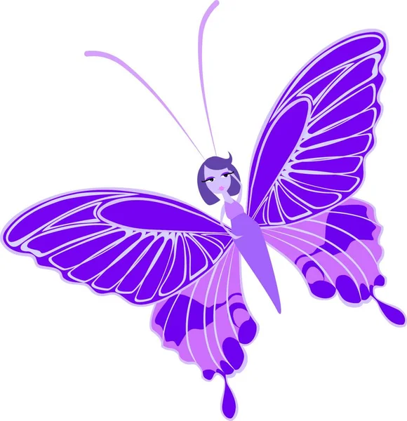 Drawing Purple Butterfly Girl Beautiful Purple Wings Antenna Flying Drawing — Stock Vector