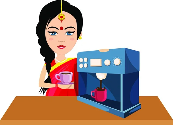 Mulher Indiana Fazendo Café Ilustração Vetor Sobre Fundo Branco — Vetor de Stock