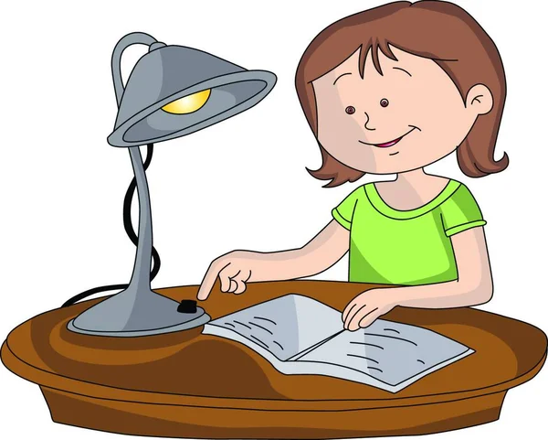 Εικονογράφηση Διάνυσμα Του Κοριτσιού Ανάβοντας Ηλεκτρικό Λαμπτήρα Ενώ Μελέτη Στο — Διανυσματικό Αρχείο