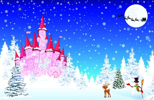 冬の雪の森を背景にピンクの城 スノーマン歓迎します鹿が森 雪のフレークでピンクの城と冬の風景 月の背景に鹿と一緒にそりにサンタクロース — ストックベクタ