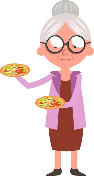 Mormor Med Pizza Illustration Vektor Vit Bakgrund — Stock vektor