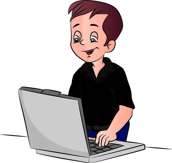 Vector Illustration Happy Young Man Using Laptop Computer — Stock Vector