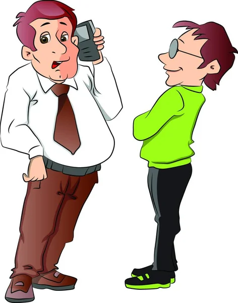Two Men One Using Cellphone Vector Illustration — Stock Vector