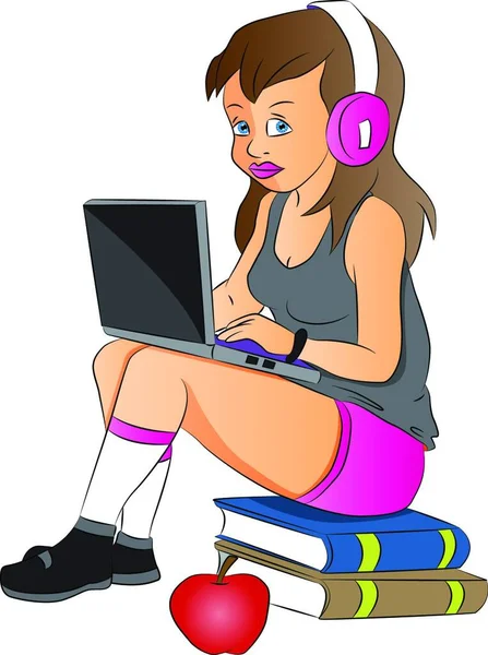 Ilustración Vectorial Una Adolescente Usando Laptop Auriculares Sentada Una Pila — Archivo Imágenes Vectoriales