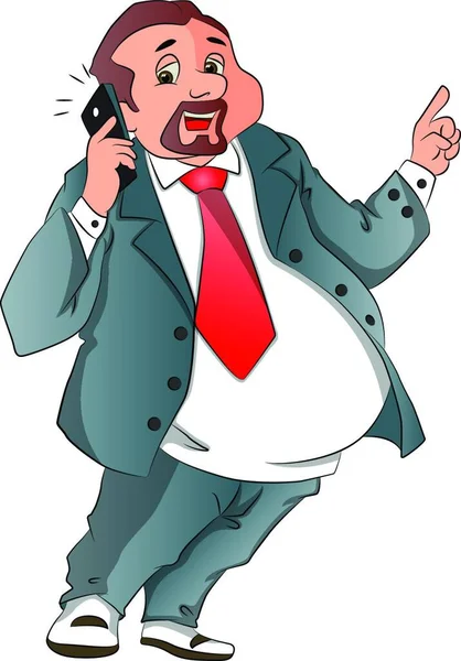 Vektoros Illusztráció Egy Boldog Túlsúlyos Üzleti Ember Beszél Cellphone Elszigetelt — Stock Vector