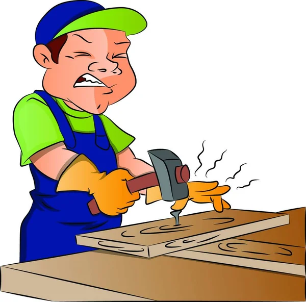 木製の板に釘を打つ男性大工のベクトル図 — ストックベクタ