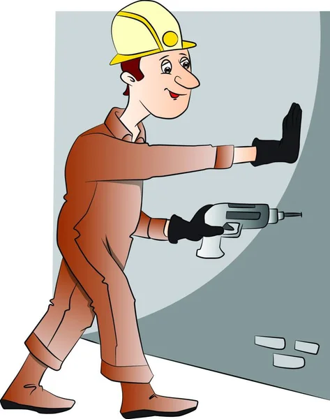 電気ドリルで壁を掘削する建設労働者のベクトル図 — ストックベクタ