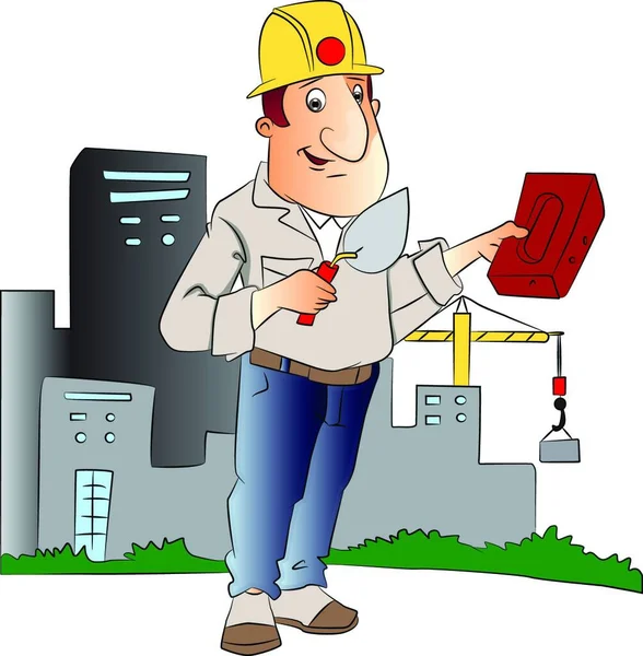 Ilustracja Wektorowa Robotnika Budowlanego Kielnią Cegłą Przed Budynkiem — Wektor stockowy