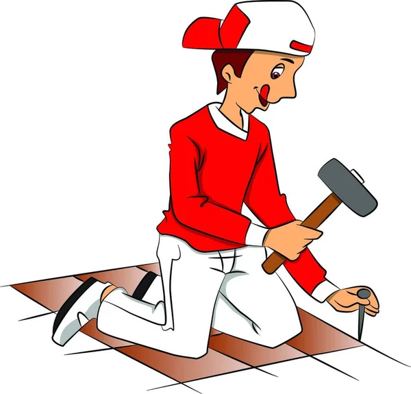 Vector Illustration Repairman Hammering Nail Remove Tiled Floor — Stock Vector