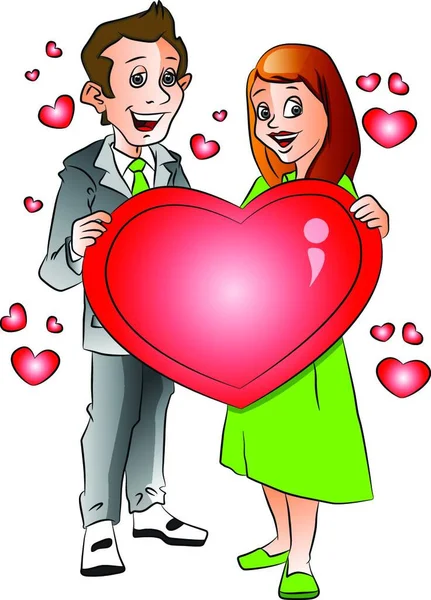 赤いハート型のシンボルを持つ陽気な若いカップルのベクトルイラスト — ストックベクタ