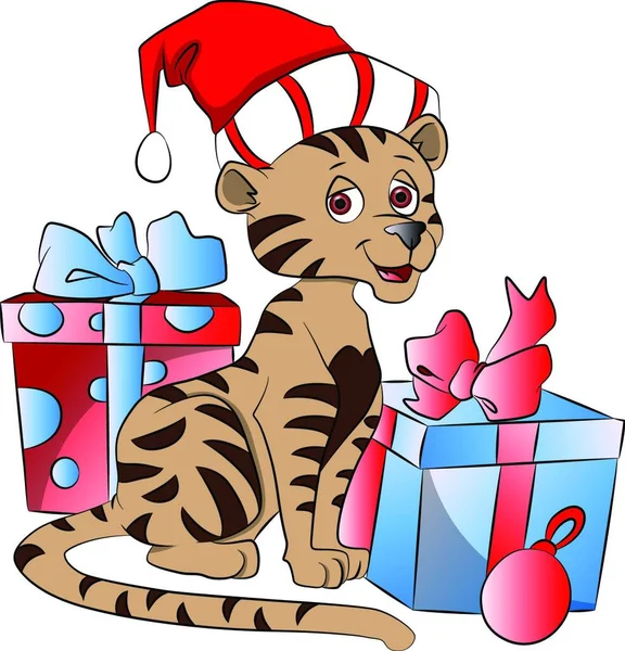 Ilustración Vectorial Gato Con Cajas Regalos Navidad Con Sombrero Santa — Vector de stock