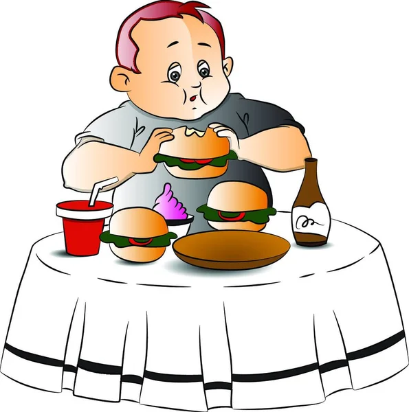 Ilustración Vectorial Adolescente Gordo Comiendo Hamburguesa Restaurante — Vector de stock