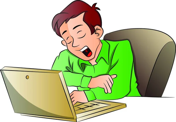 Ilustrație Vectorială Omului Afaceri Obosit Căscând Timp Utilizați Laptopul Birou — Vector de stoc