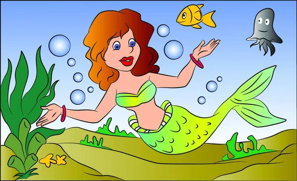 Illustration Eines Netten Mädchens Mit Einem Fisch Meer — Stockvektor