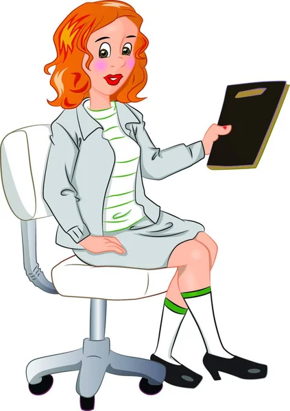 Wektorowa Ilustracja Bizneswoman Siedzącej Krześle Trzymającej Akta — Wektor stockowy