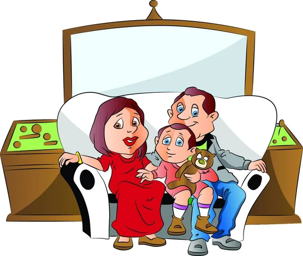 Ilustracja Wektorowa Rodziny Siedzi Wstrząśnięty Wyrażenie Podczas Oglądania Telewizji — Wektor stockowy